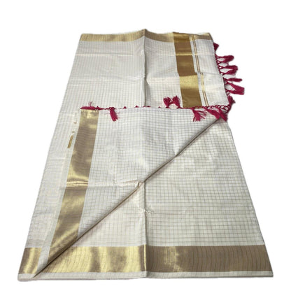 Off-White Cotton Checkered Kerala Saree with Gold Zari Border & Pink Tassels (Copy)