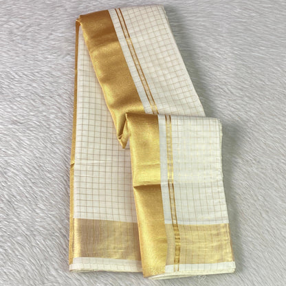 Off-White Cotton Checkered Kerala Saree with Gold Zari Border & Pink Tassels (Copy)