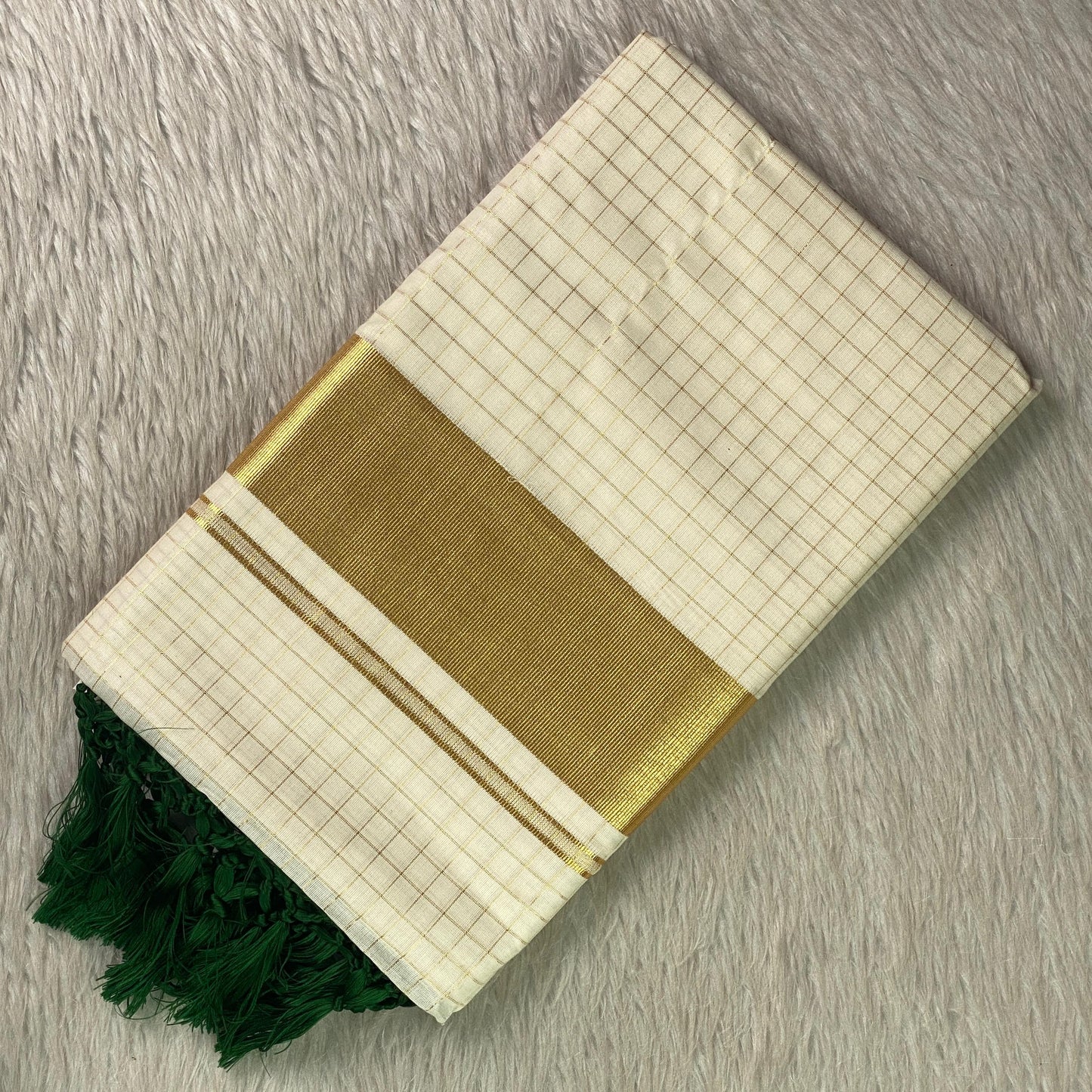 Off-White Cotton Checkered Kerala Saree with Gold Zari Border & Green Tassels