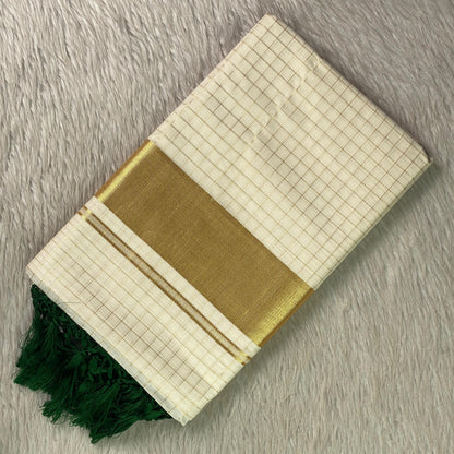 Off-White Cotton Checkered Kerala Saree with Gold Zari Border & Green Tassels
