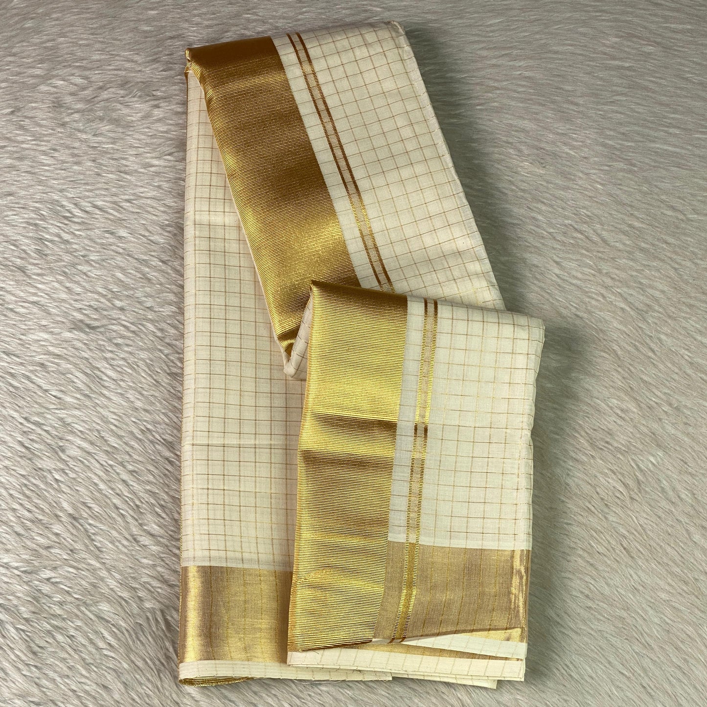Off-White Cotton Checkered Kerala Saree with Gold Zari Border & Green Tassels
