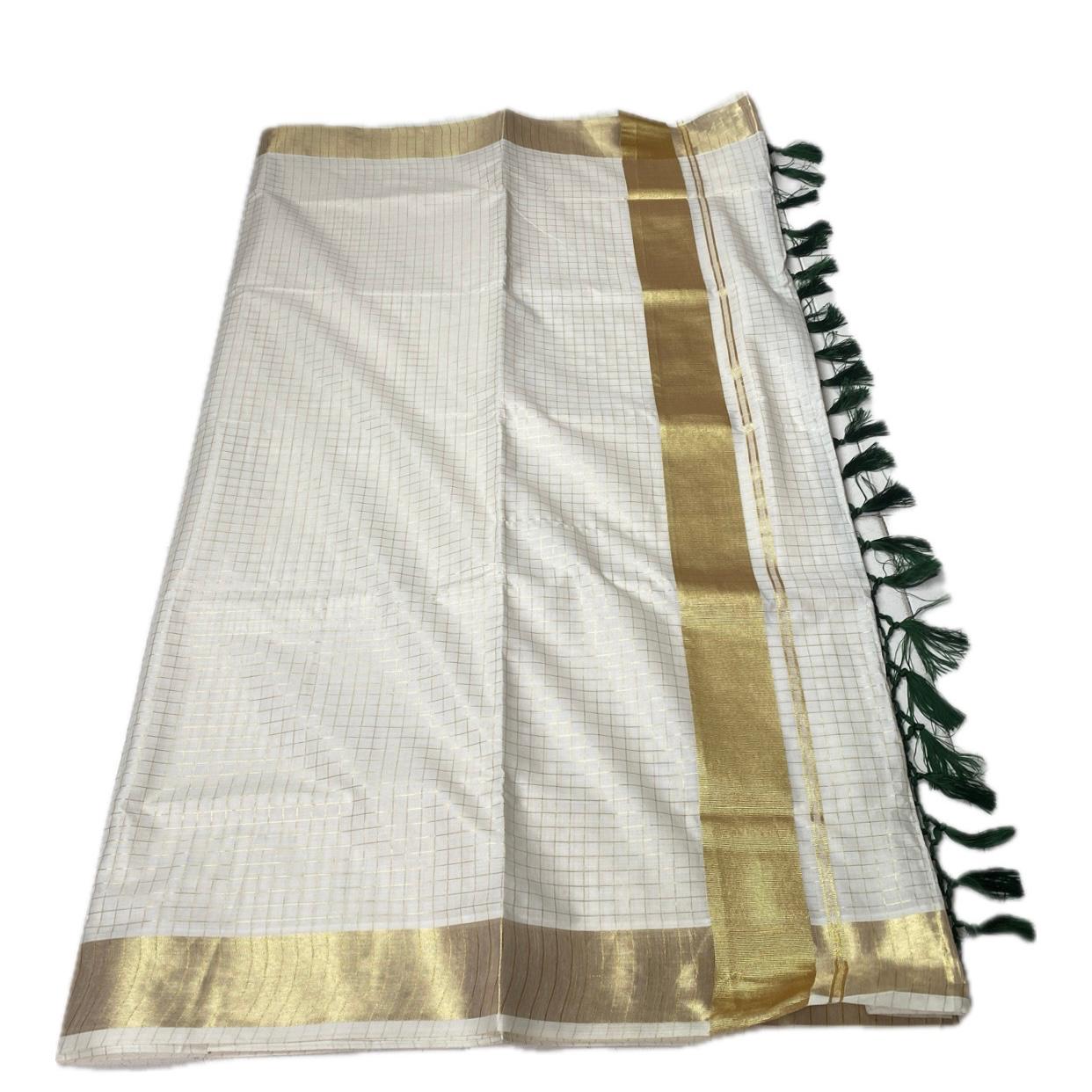 Off-White Cotton Checkered Kerala Saree with Gold Zari Border & Green Tassels