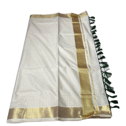 Off-White Cotton Checkered Kerala Saree with Gold Zari Border & Green Tassels