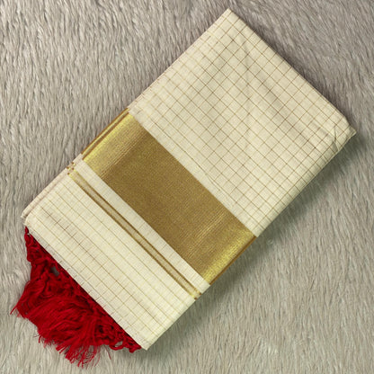 Off-White Cotton Checkered Kerala Saree with Gold Zari Border & Red Tassels