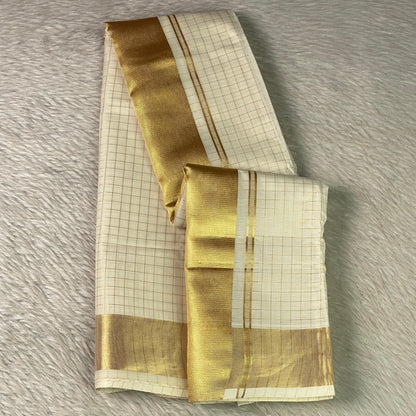 Off-White Cotton Checkered Kerala Saree with Gold Zari Border & Red Tassels