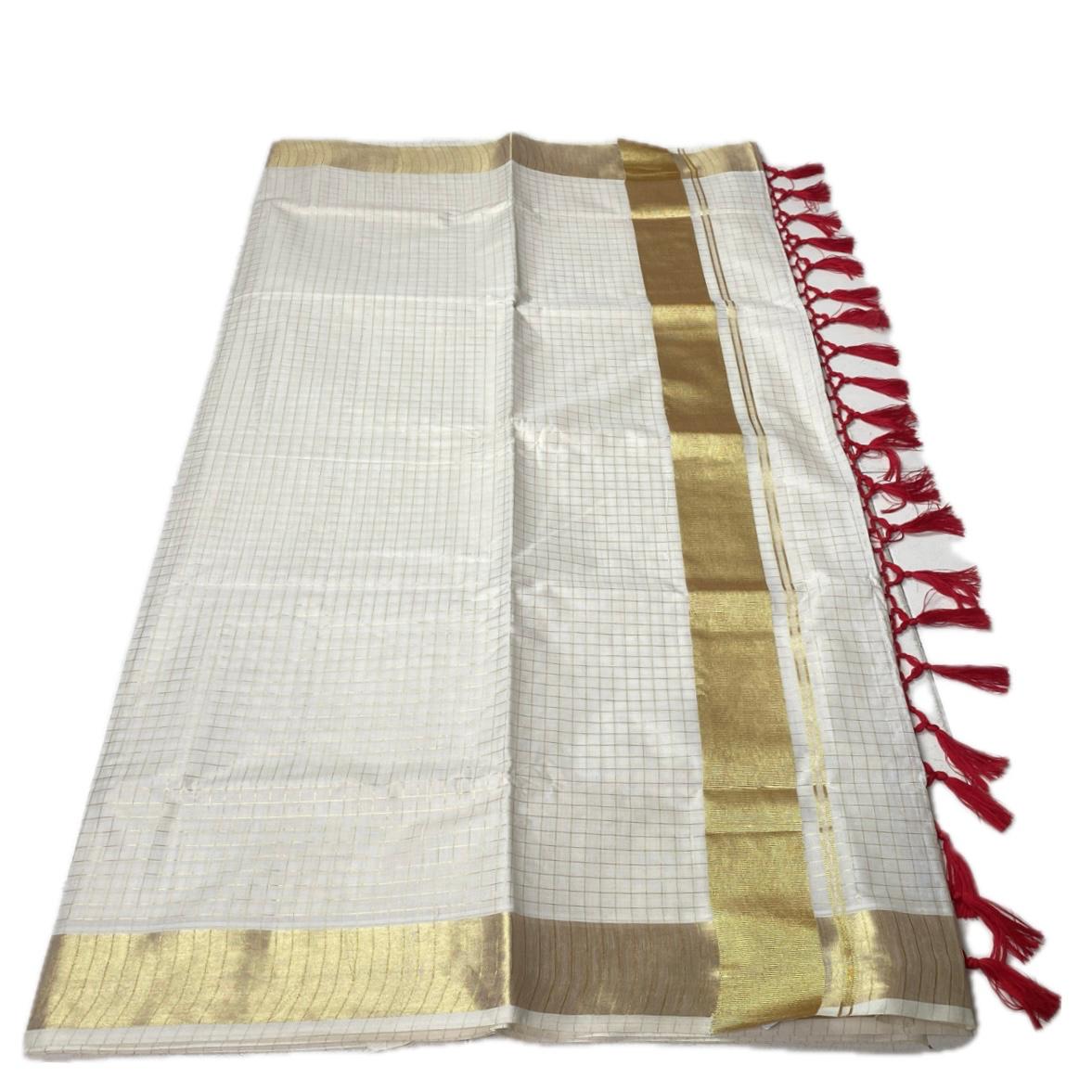 Off-White Cotton Checkered Kerala Saree with Gold Zari Border & Red Tassels