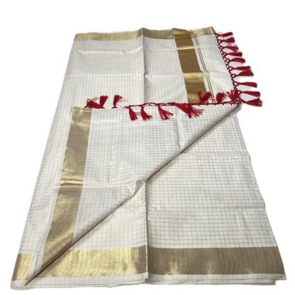 Off-White Cotton Checkered Kerala Saree with Gold Zari Border & Red Tassels