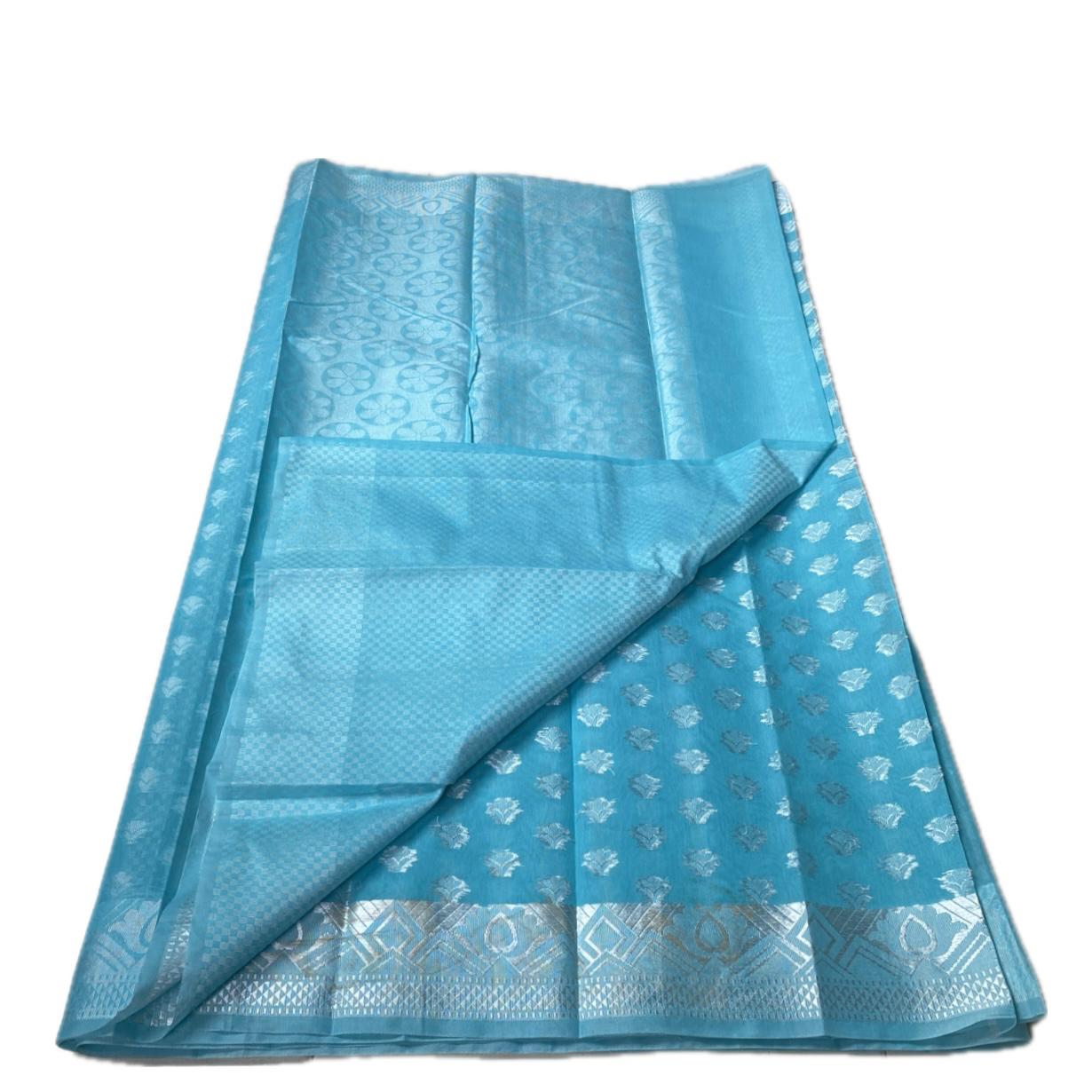 Sky Blue Cotton Floral Butta Saree