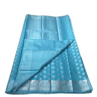 Sky Blue Cotton Floral Butta Saree