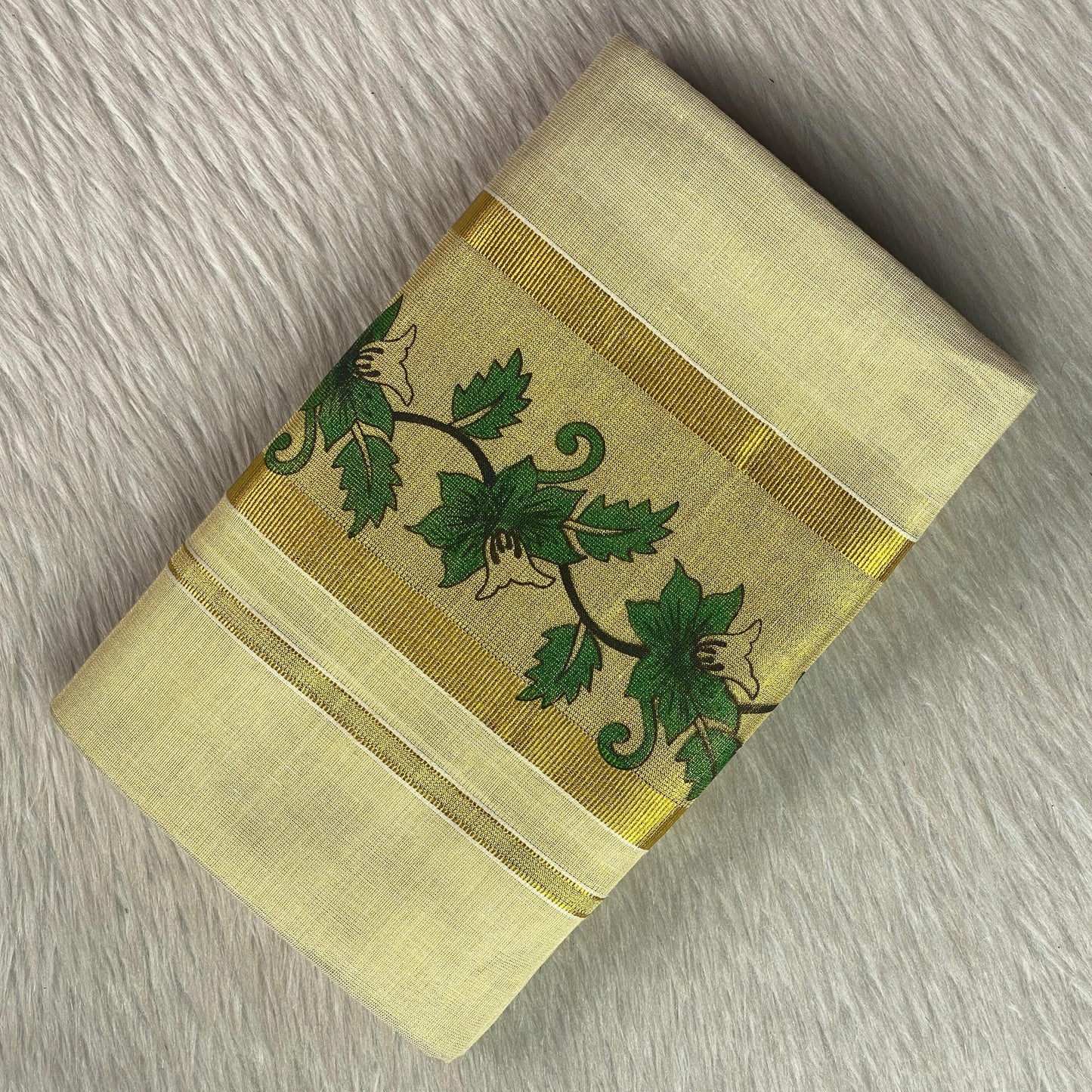Golden Tissue Set Mundu - Leaf & Floral Kasavu