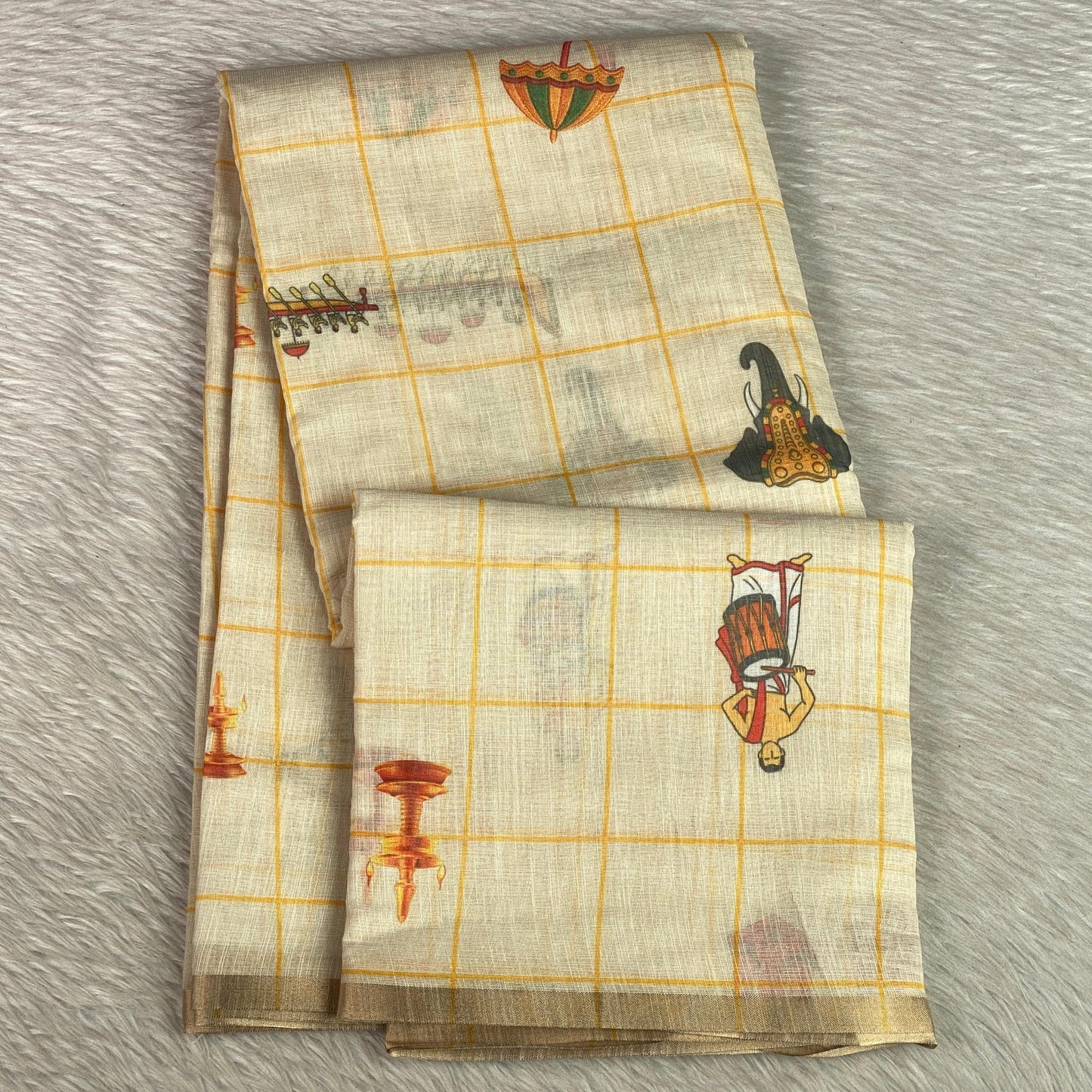 Off-White Printed Kasavu Cotton Saree – Traditional Heritage Collection