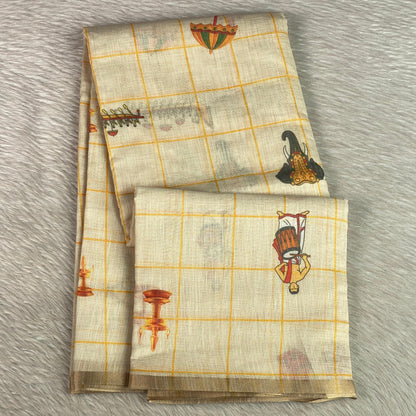 Off-White Printed Kasavu Cotton Saree – Traditional Heritage Collection