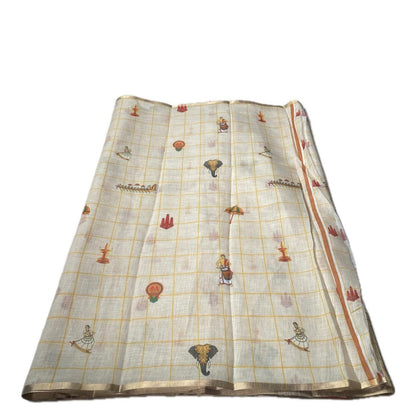 Off-White Printed Kasavu Cotton Saree – Traditional Heritage Collection