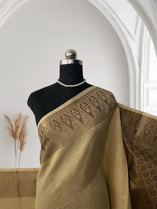 Athira Golden Silk Saree with Temple Motif Zari Border Chikku