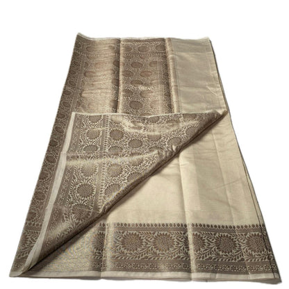 Golden Silk Saree with Floral Motif Zari Border Chikku