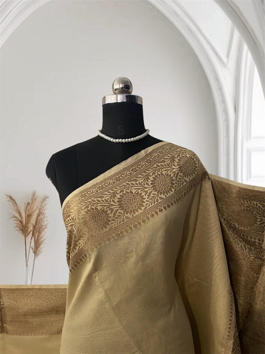 Golden Silk Saree with Floral Motif Zari Border Chikku