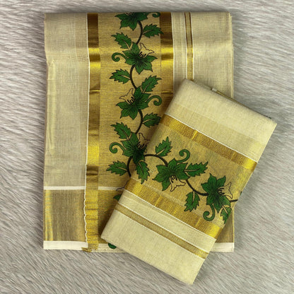 Golden Tissue Set Mundu - Leaf & Floral Kasavu
