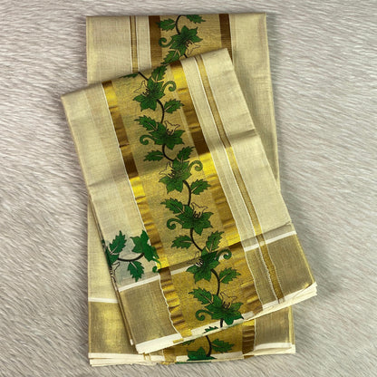 Golden Tissue Set Mundu - Leaf & Floral Kasavu