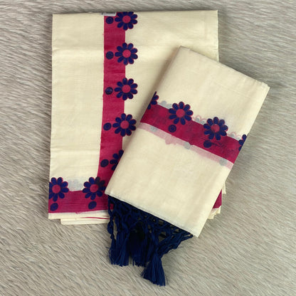 Handloom Kasavu Set Mundu – Floral Cutwork Border