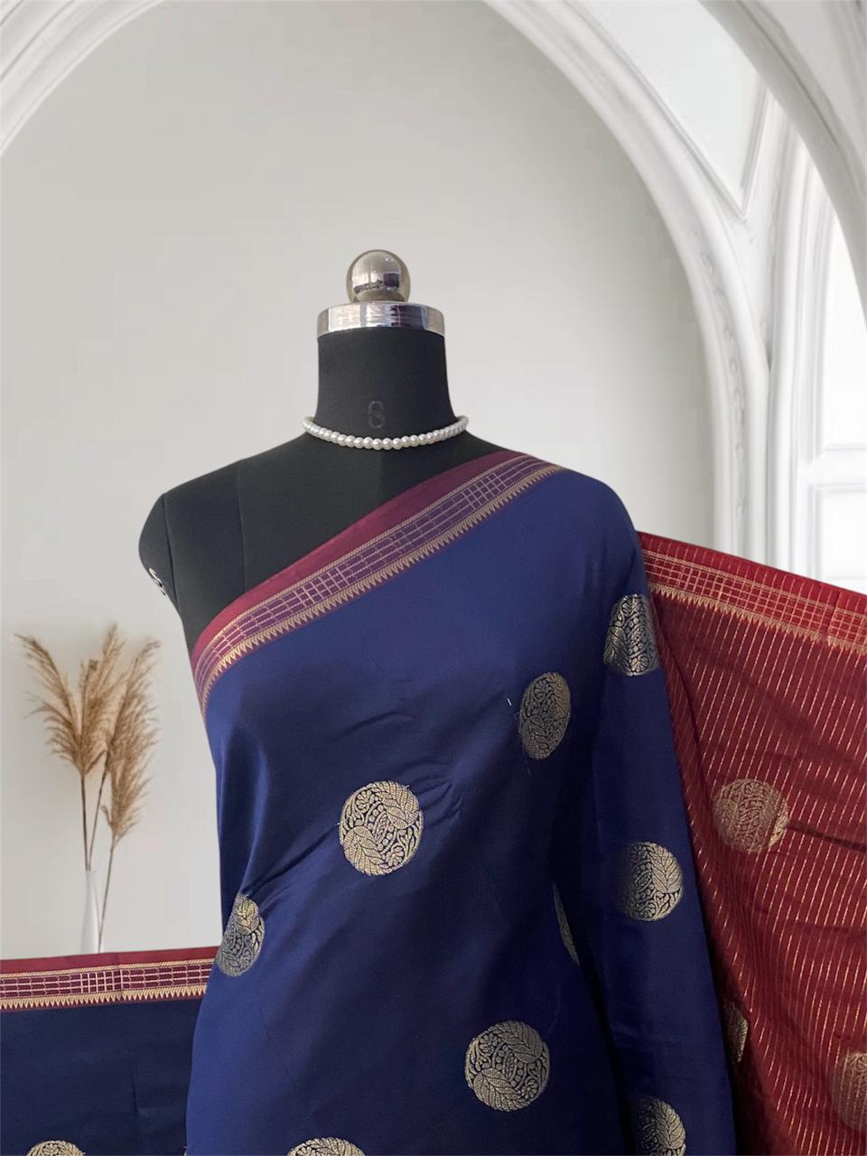 Rukmini Semi Silk Saree in Blue & Maroon