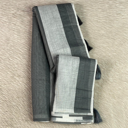 Anugraha Minimalist Grey Striped Semi Linen Saree (Dress Code)