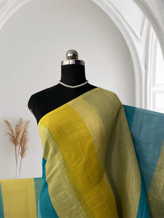 Anugraha Minimalist Striped Semi Linen Saree in  Yellow (Dress Code)