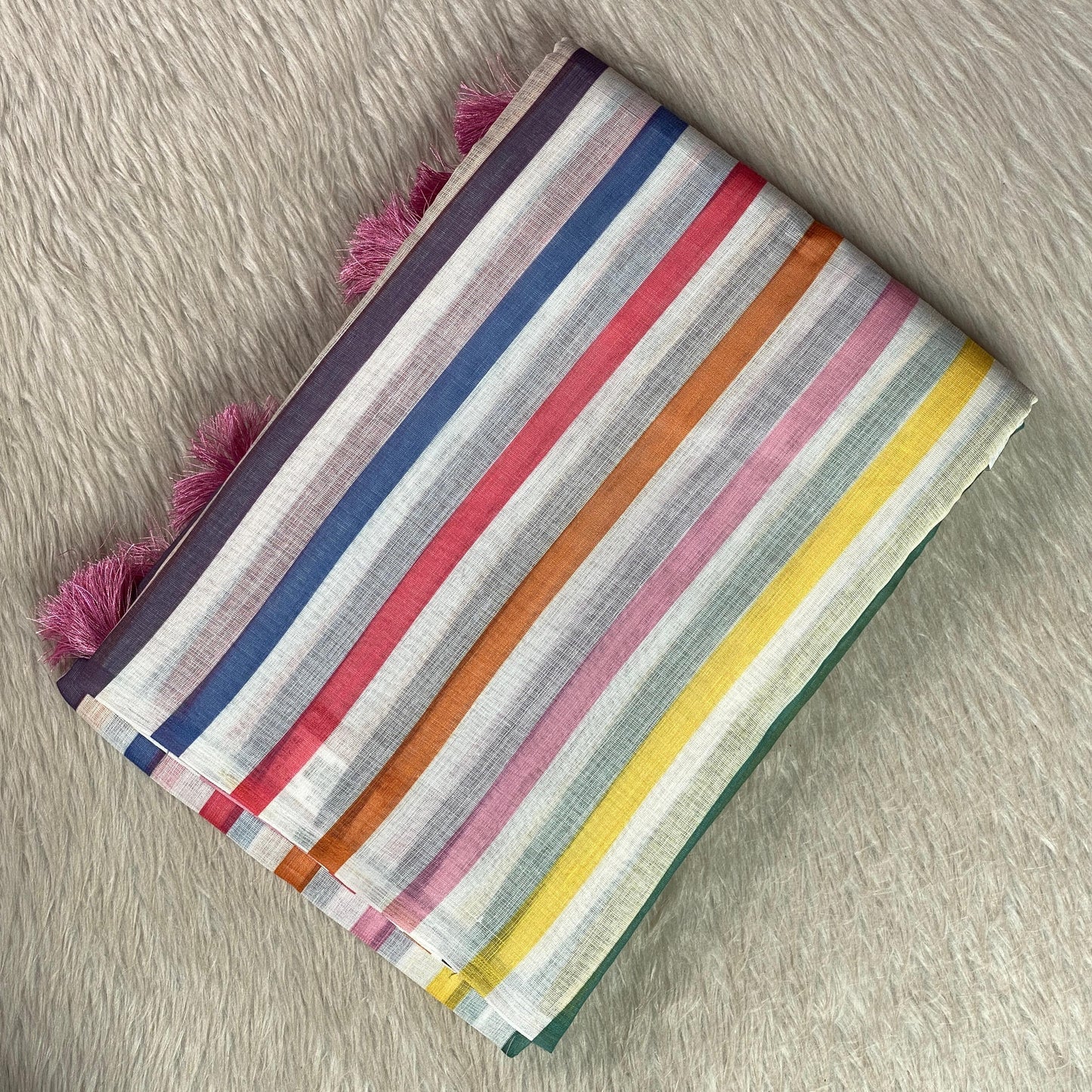 Anugraha Candy Striped Semi Linen Saree with Blue Pallu (Dress Code)