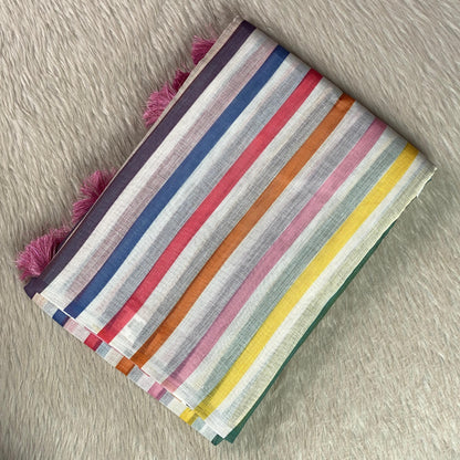 Anugraha Candy Striped Semi Linen Saree with Blue Pallu (Dress Code)