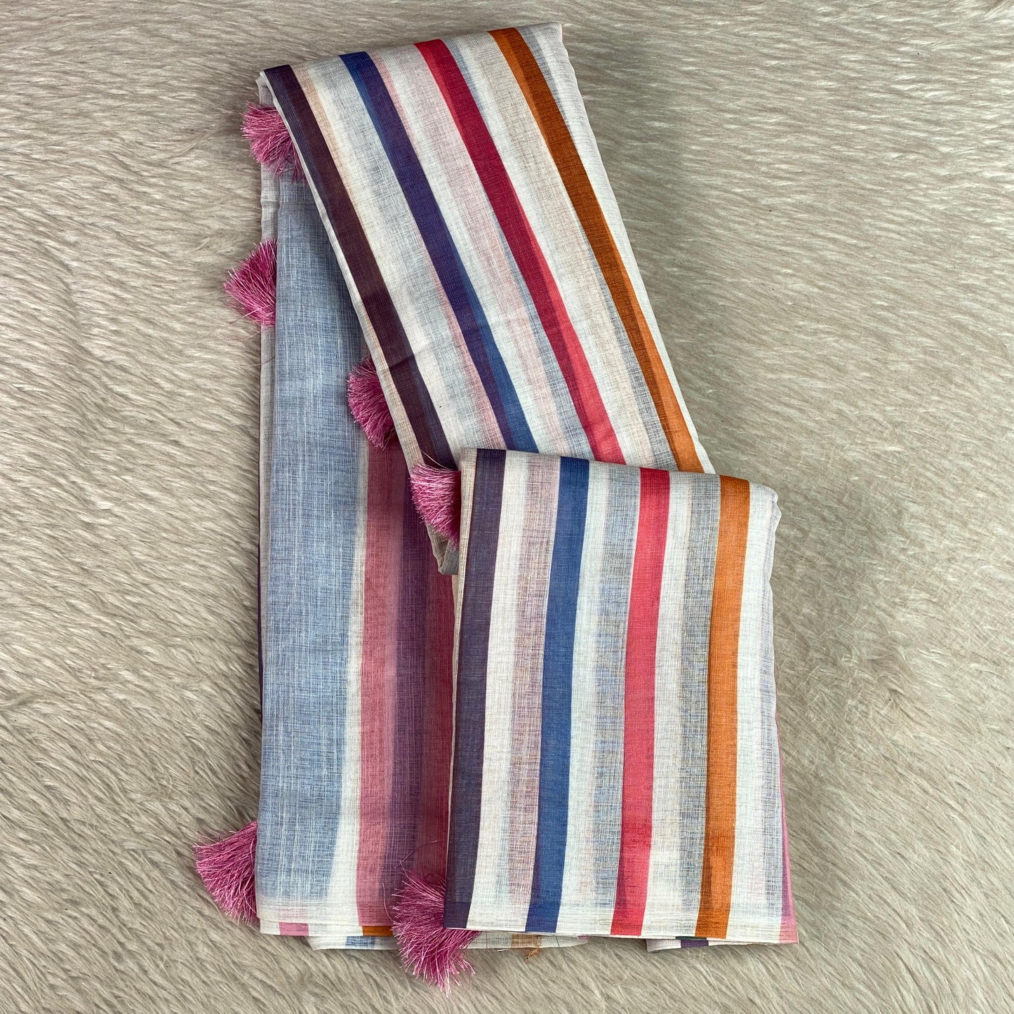Anugraha Candy Striped Semi Linen Saree with Blue Pallu (Dress Code)
