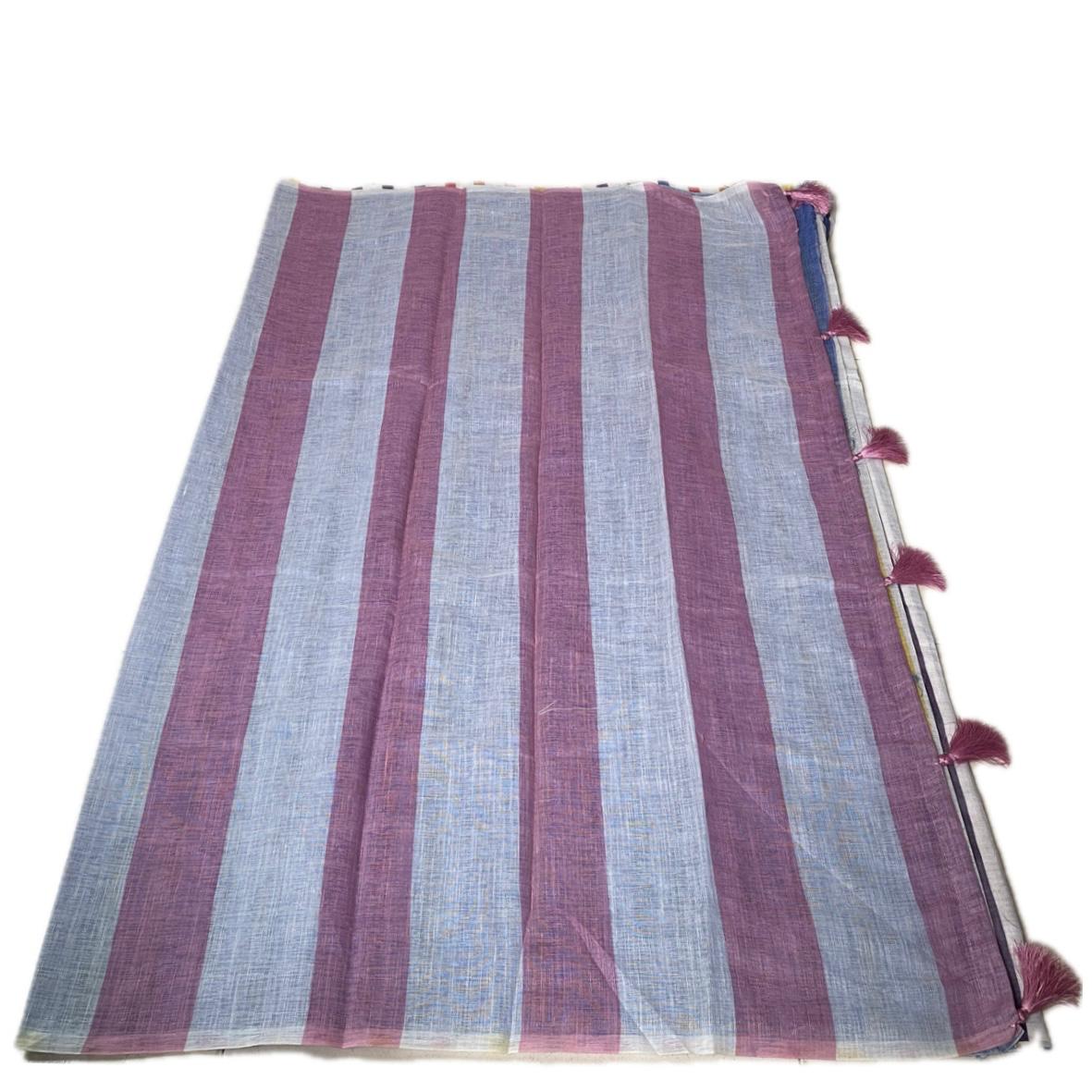 Anugraha Candy Striped Semi Linen Saree with Blue Pallu (Dress Code)