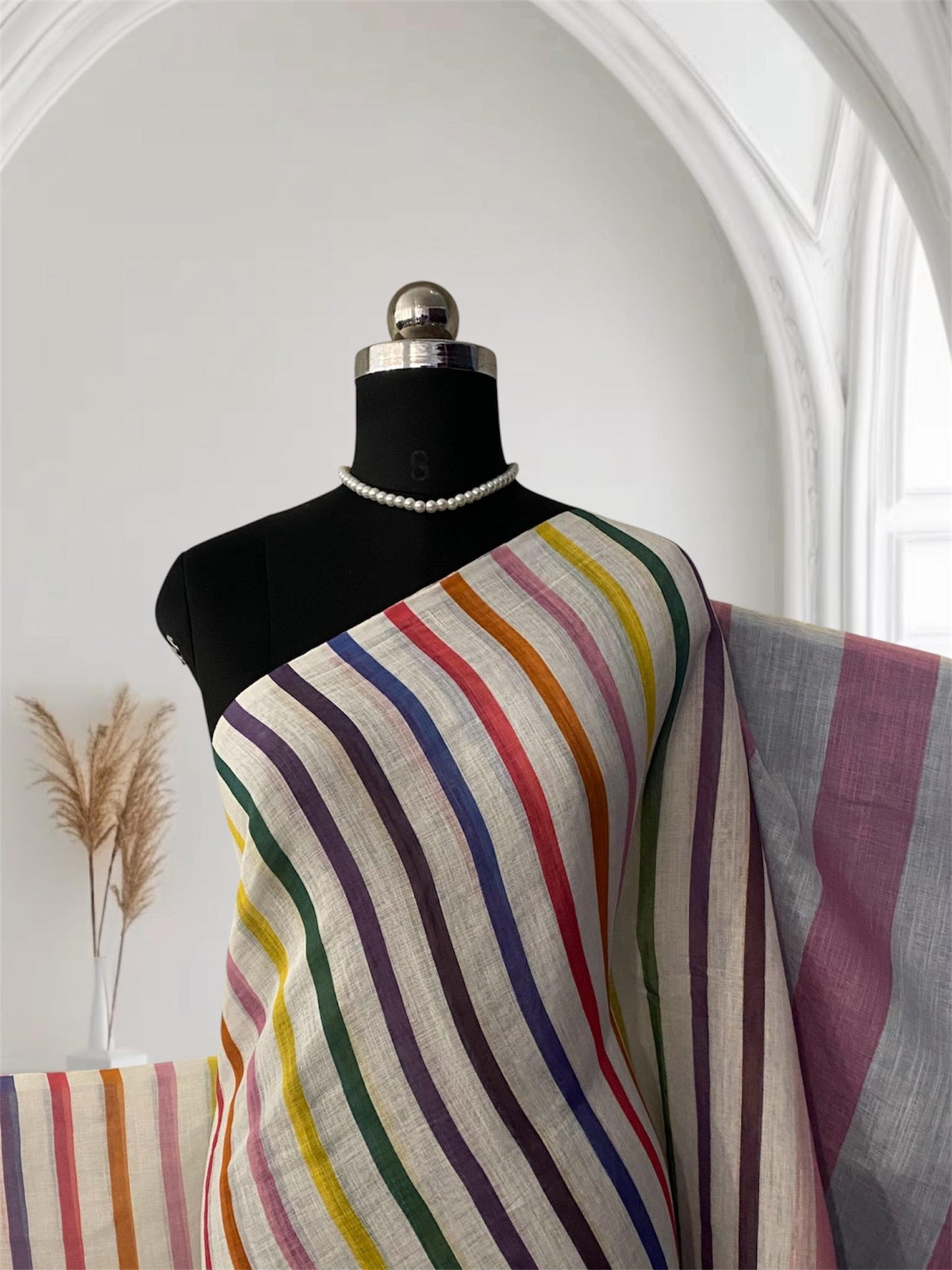 Anugraha Candy Striped Semi Linen Saree with Blue Pallu (Dress Code)