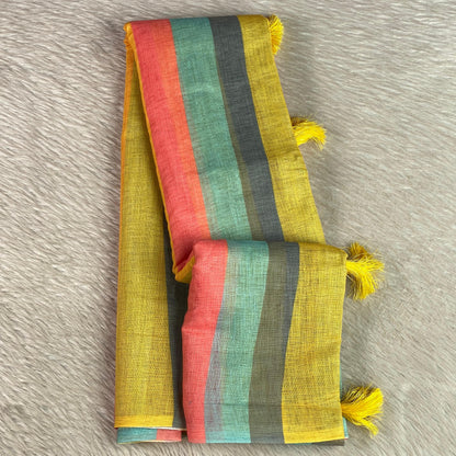 Anugraha Sunrise Striped Semi Linen Saree in Yellow