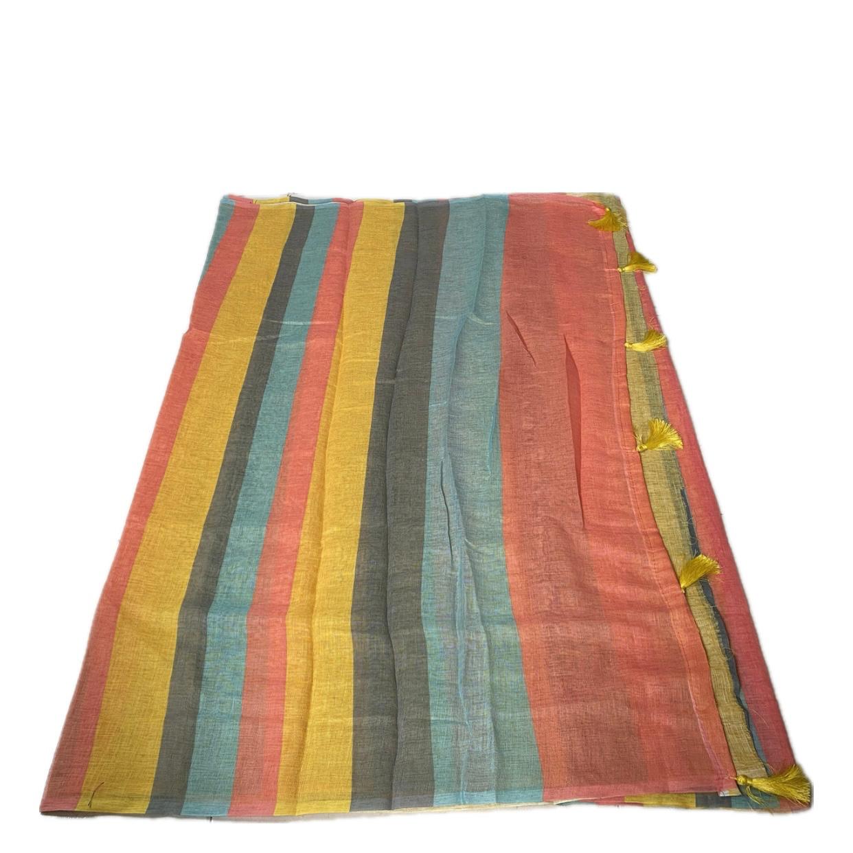Anugraha Sunrise Striped Semi Linen Saree in Yellow