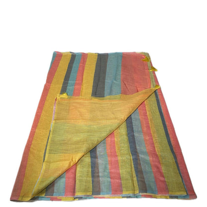 Anugraha Sunrise Striped Semi Linen Saree in Yellow