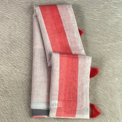 Anugraha Striped Semi Linen Saree in Red (Dress Code)