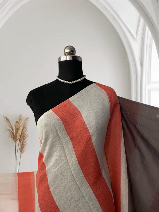Anugraha Striped Semi Linen Saree in Red (Dress Code)