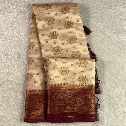 Chandhni Georgette Banarasi Saree in Chikku with Contrast Brown Border