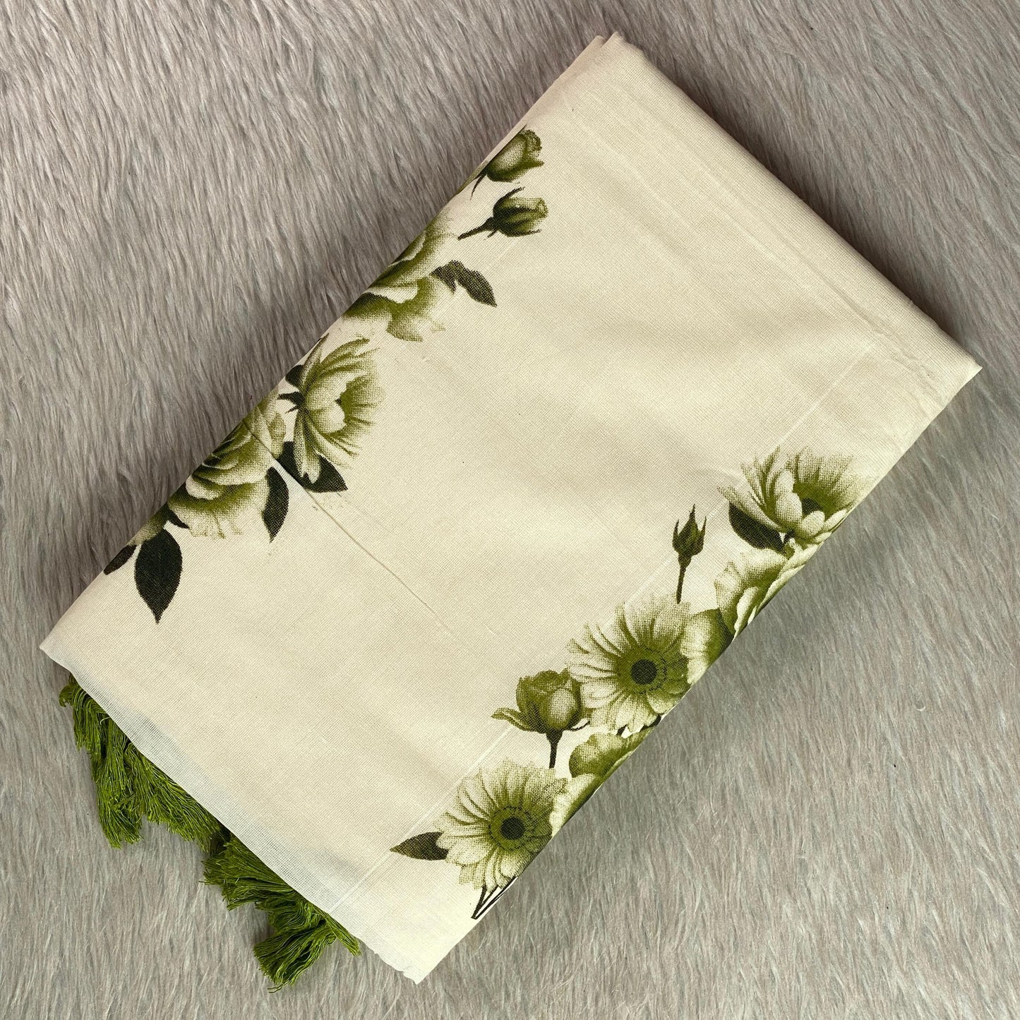 Nirmalyam Semi Linen Cotton Saree with Green Floral Print
