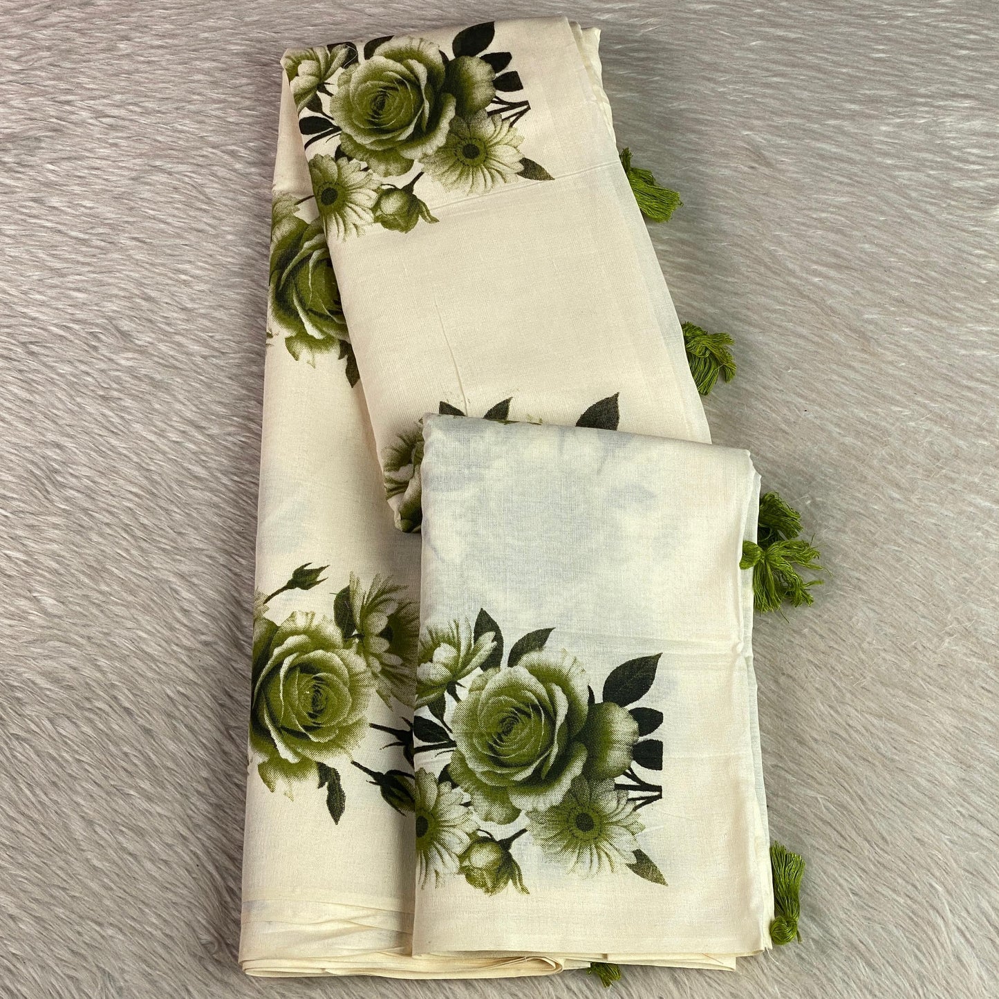 Nirmalyam Semi Linen Cotton Saree with Green Floral Print