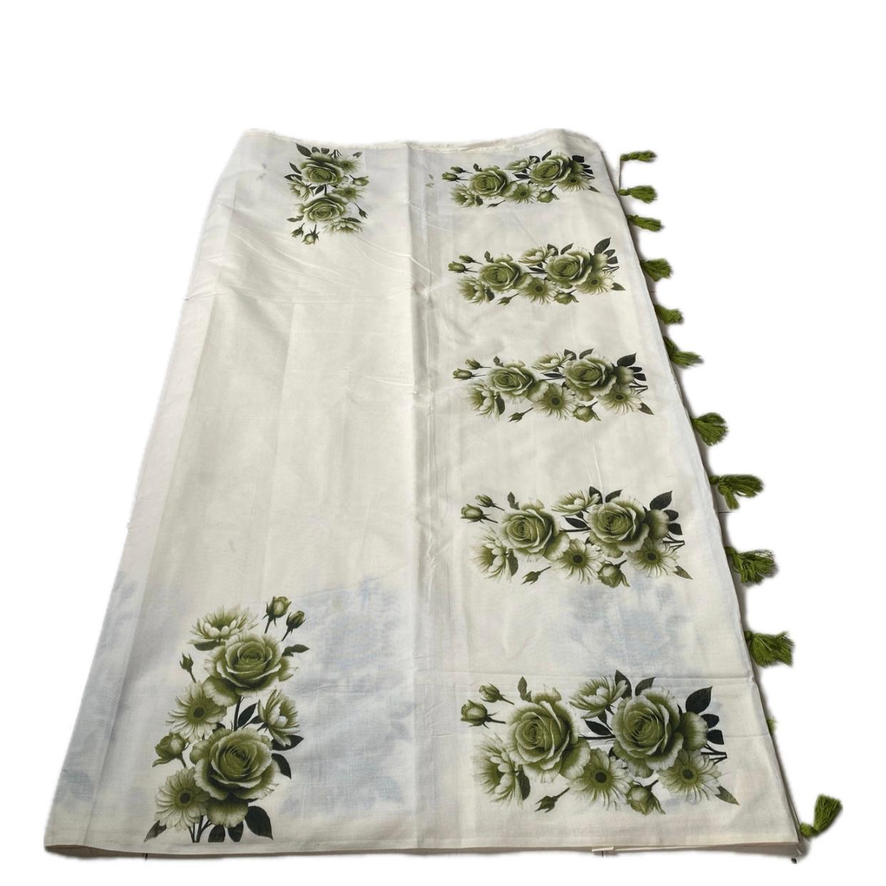 Nirmalyam Semi Linen Cotton Saree with Green Floral Print