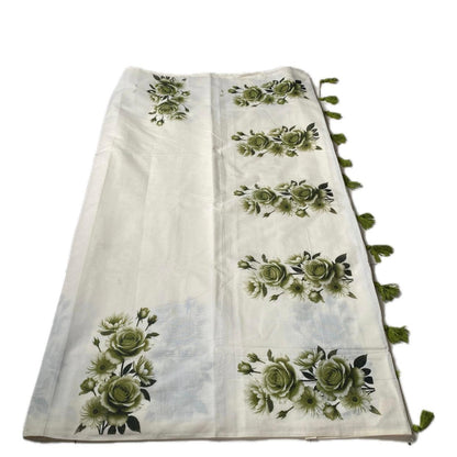 Nirmalyam Semi Linen Cotton Saree with Green Floral Print