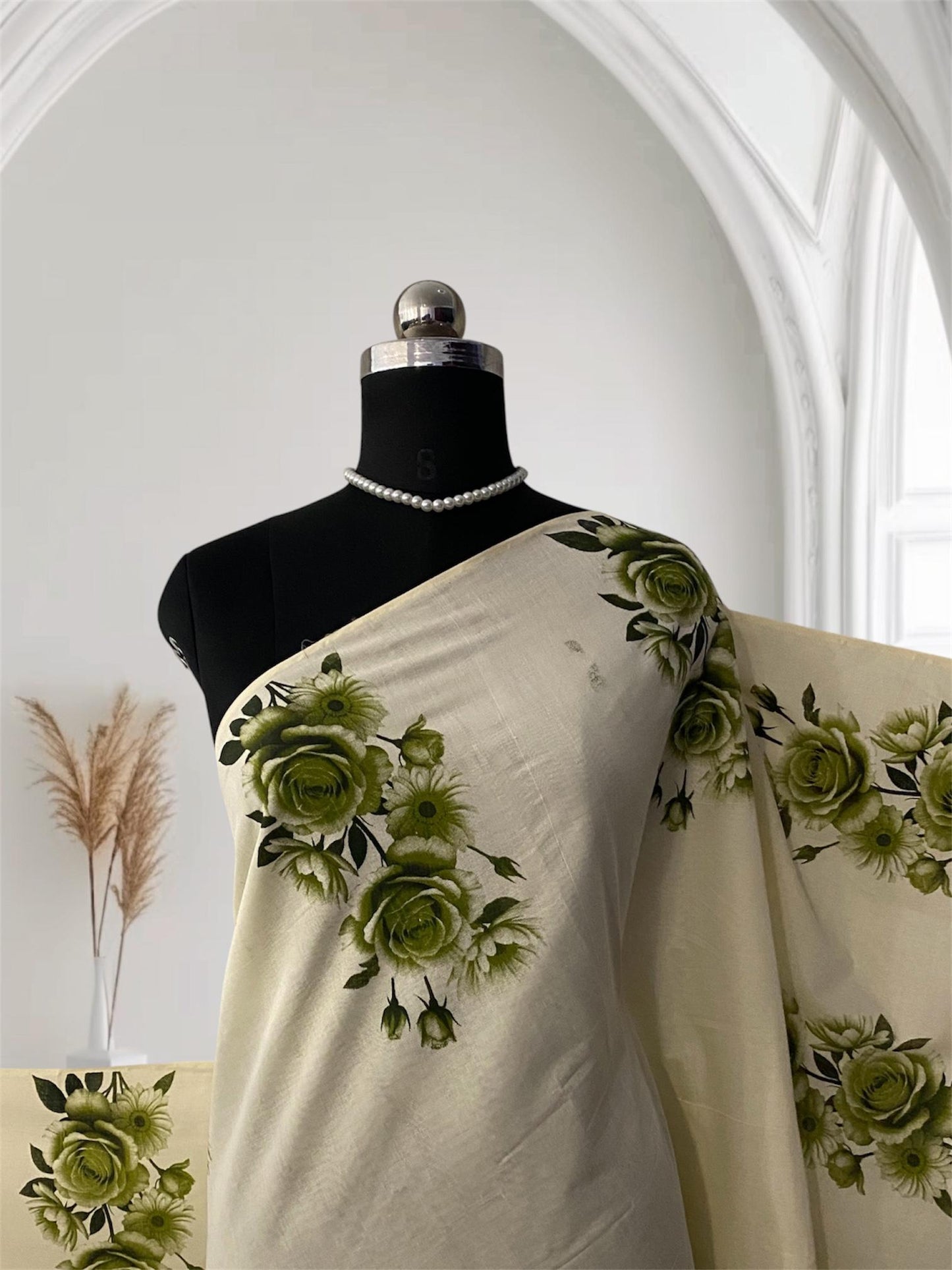 Nirmalyam Semi Linen Cotton Saree with Green Floral Print