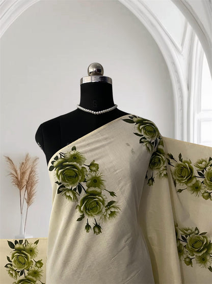 Nirmalyam Semi Linen Cotton Saree with Green Floral Print
