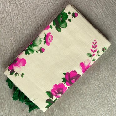 Nirmalyam Semi Linen Cotton Saree with Pink Floral Print.