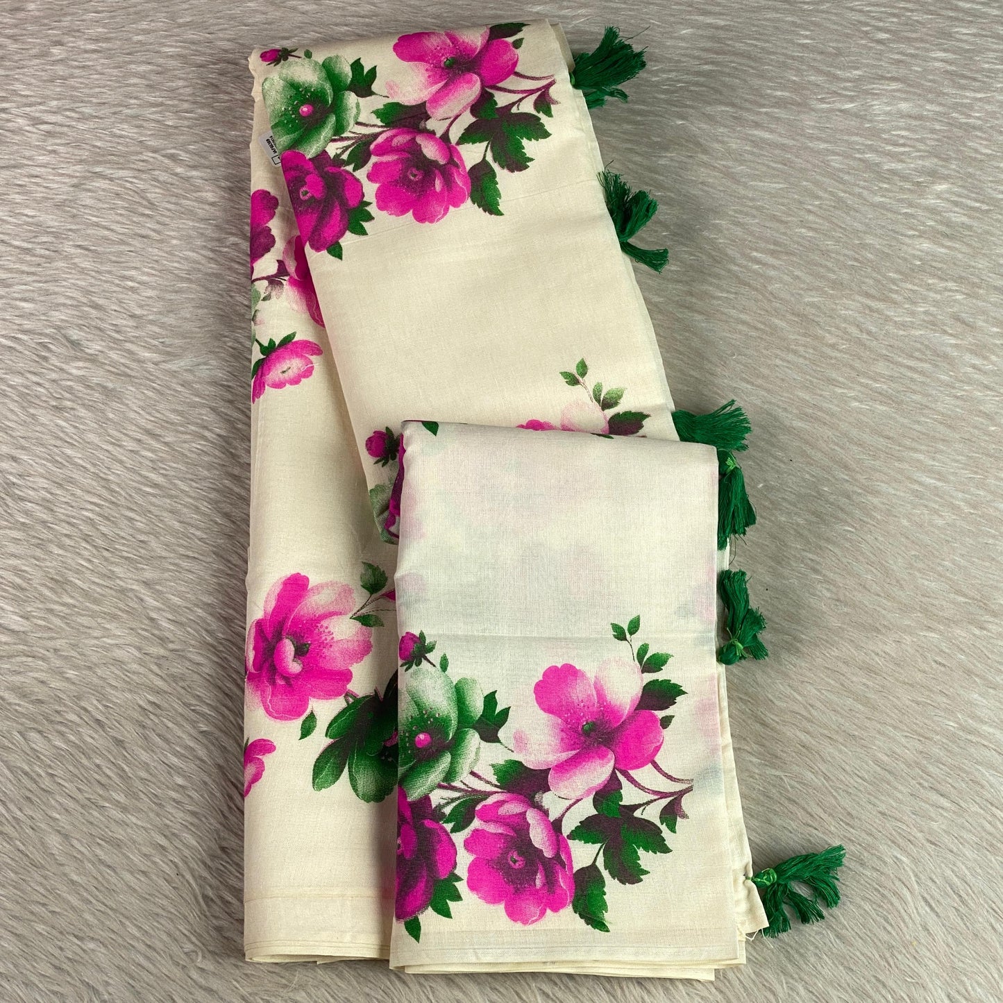 Nirmalyam Semi Linen Cotton Saree with Pink Floral Print.