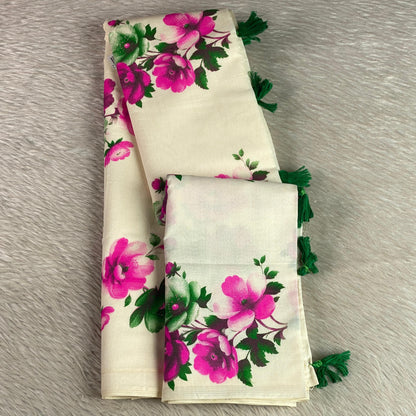 Nirmalyam Semi Linen Cotton Saree with Pink Floral Print.