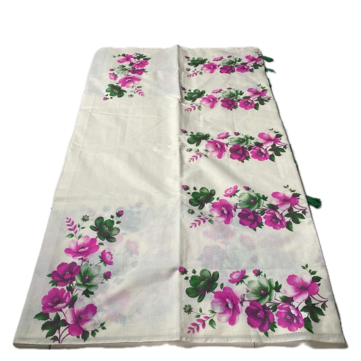 Nirmalyam Semi Linen Cotton Saree with Pink Floral Print.