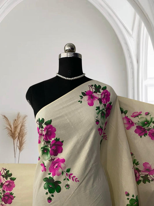 Nirmalyam Semi Linen Cotton Saree with Pink Floral Print.
