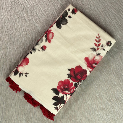 Nirmalyam Semi Linen Cotton Saree with Red Floral Print