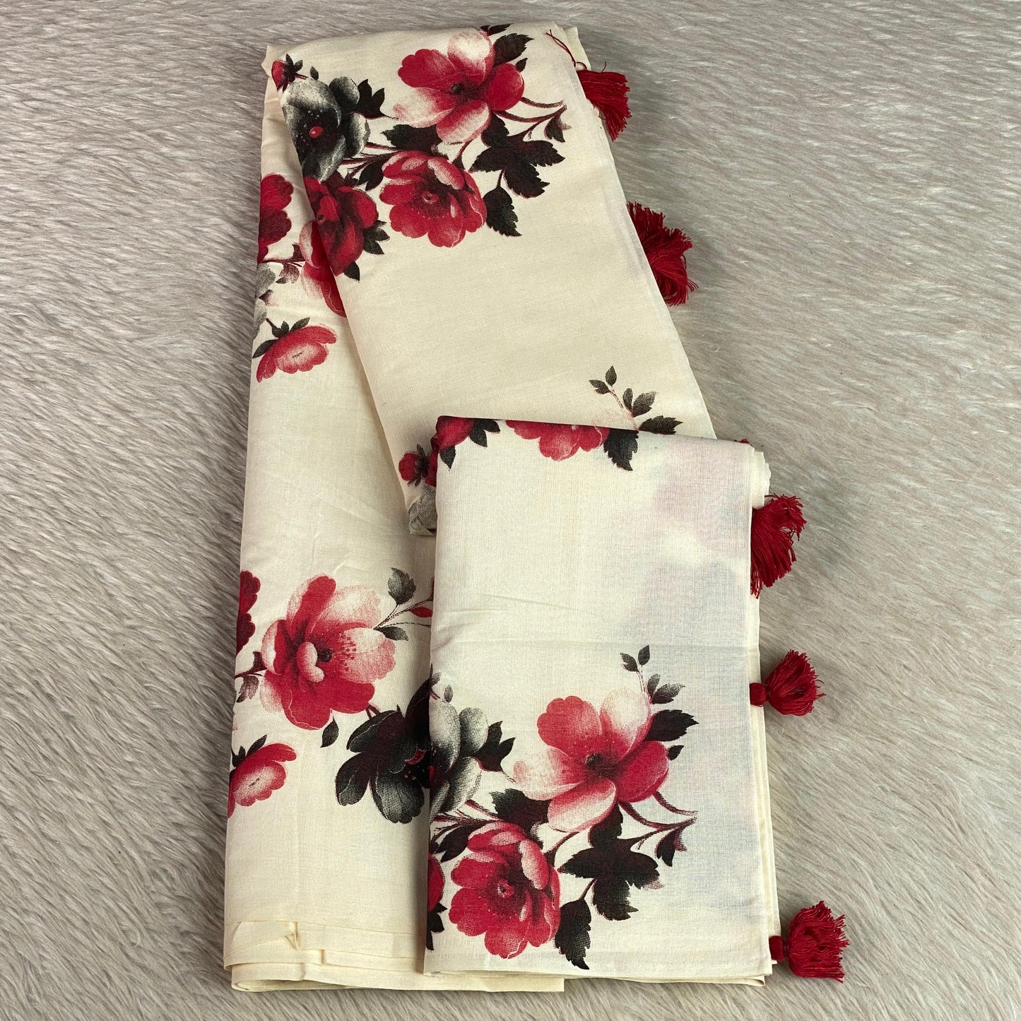 Nirmalyam Semi Linen Cotton Saree with Red Floral Print